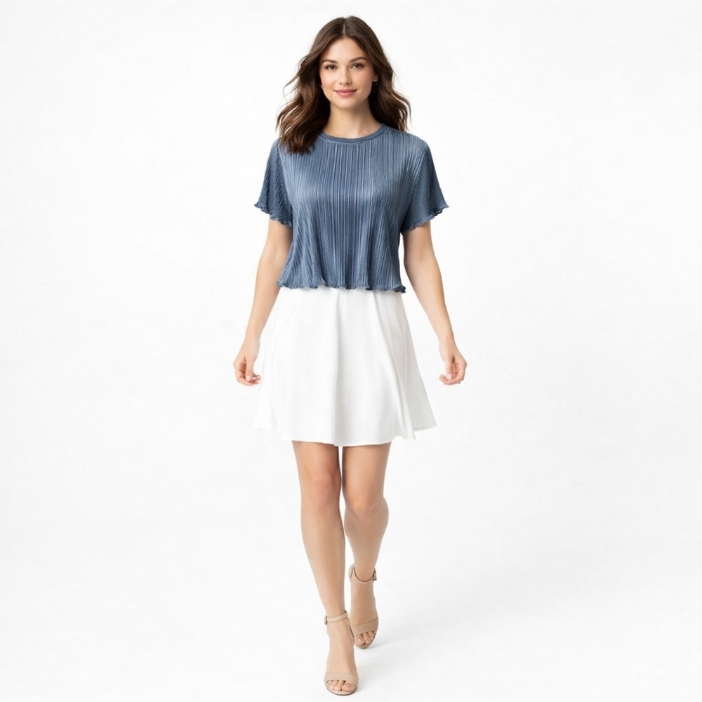 Marc New York S/M Steel Blue Micro Pleated Short Sleeve Subtle Sheen Top